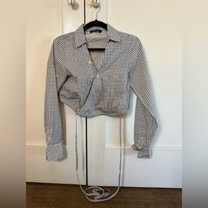 Intermix gingham cropped tie blouse